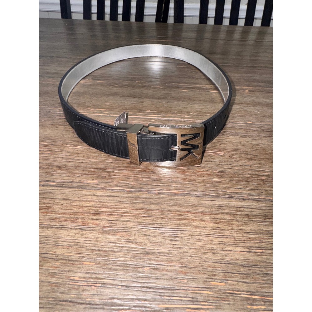 Michael Kors Black Leather Belt with Gold MK Buckle